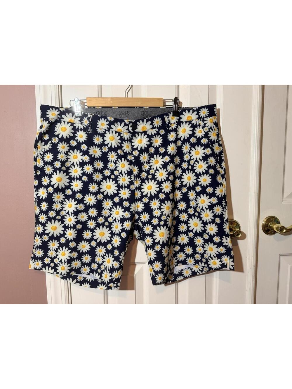 Golf Gods Australia Daisy Flower Print Golf Shorts Size 40 Navy Blue Stretch